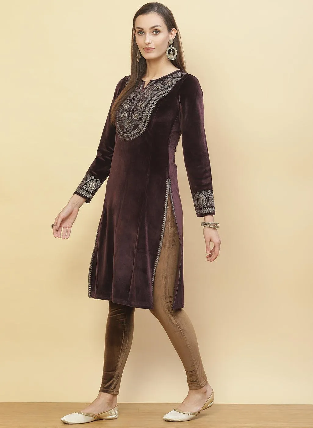 Brown Embroidered Velvet Kurti