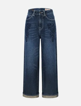 Butterfly and Seagull Embroidery Wide-leg Jeans