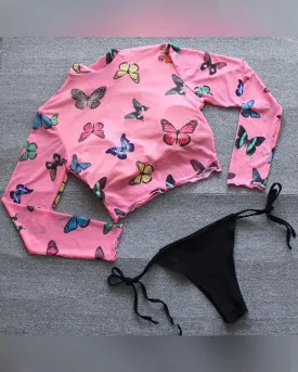 Butterfly Print Long Sleeve T-shirts With Solid Strappy Panties Bikini Sets