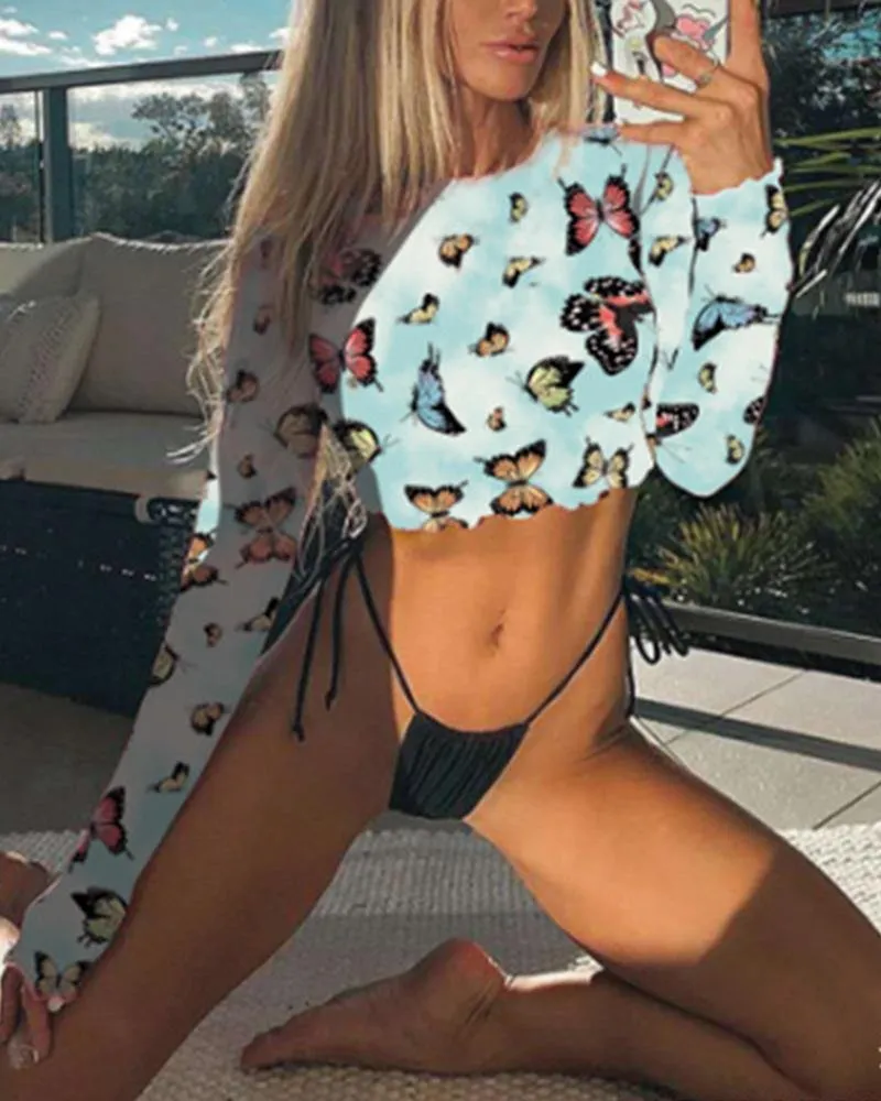 Butterfly Print Long Sleeve T-shirts With Solid Strappy Panties Bikini Sets