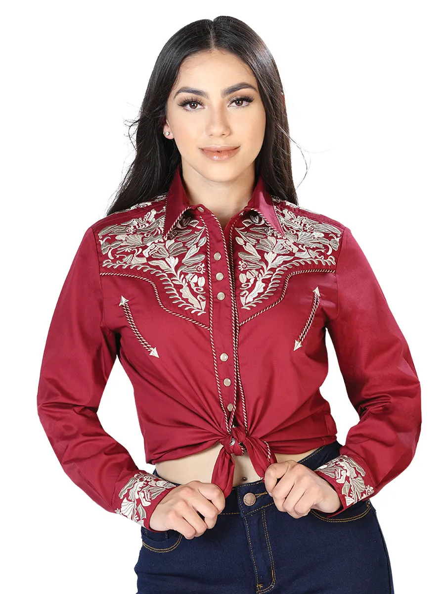 Camisa Vaquera Manga Larga Bordada Vino/Caqui para Mujer 'El Señor de los Cielos' - ID: 43613