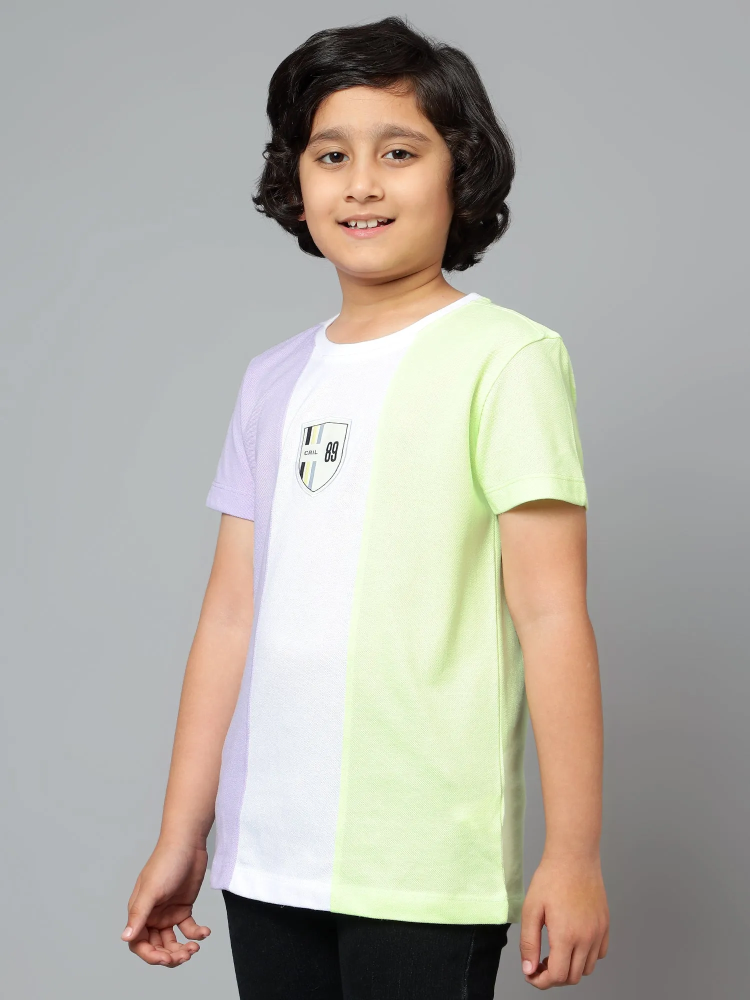 Cantabil Boy's White Color Block Round Neck Half Sleeve T-shirt