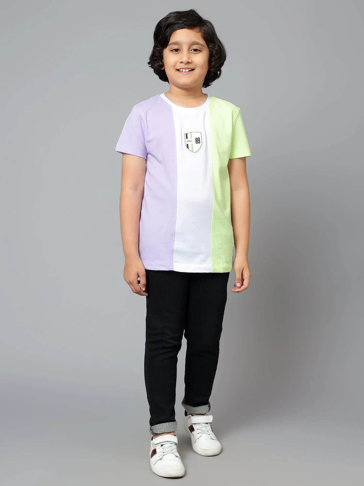 Cantabil Boy's White Color Block Round Neck Half Sleeve T-shirt