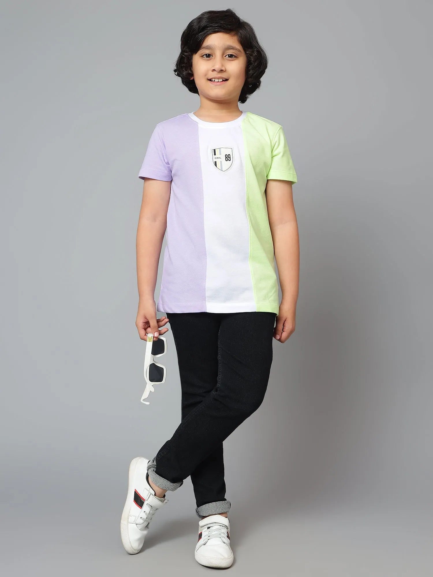 Cantabil Boy's White Color Block Round Neck Half Sleeve T-shirt