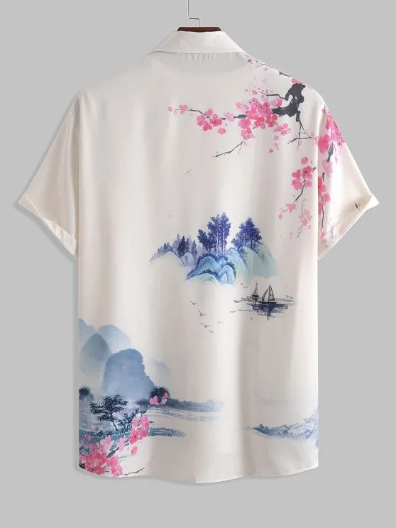 Casual Landscape Painting Shirt And Shorts