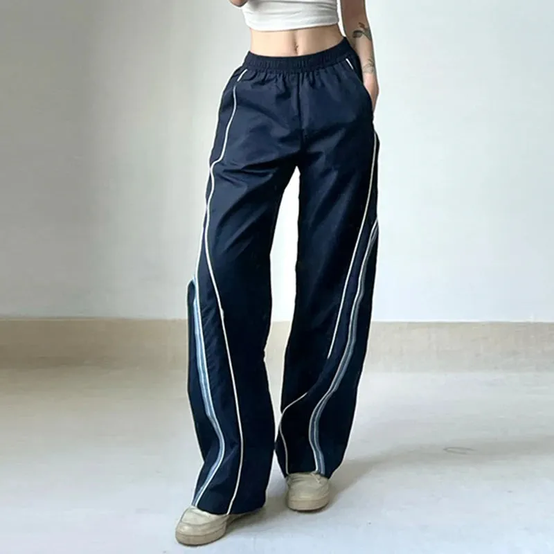 Casual Stripe Spliced Techwear Sweatpants Sporty Chic Basic Trousers Baggy Stitched Elastic Waist Joggers Pants Chic