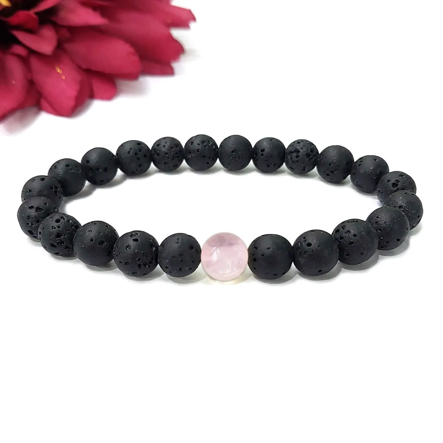 Certified Lava Natural Stone 8mm Bracelet With Rose Quartz