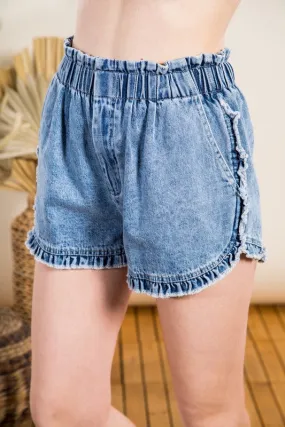 Chambray Ray of Ruffle Stretch Waist Short