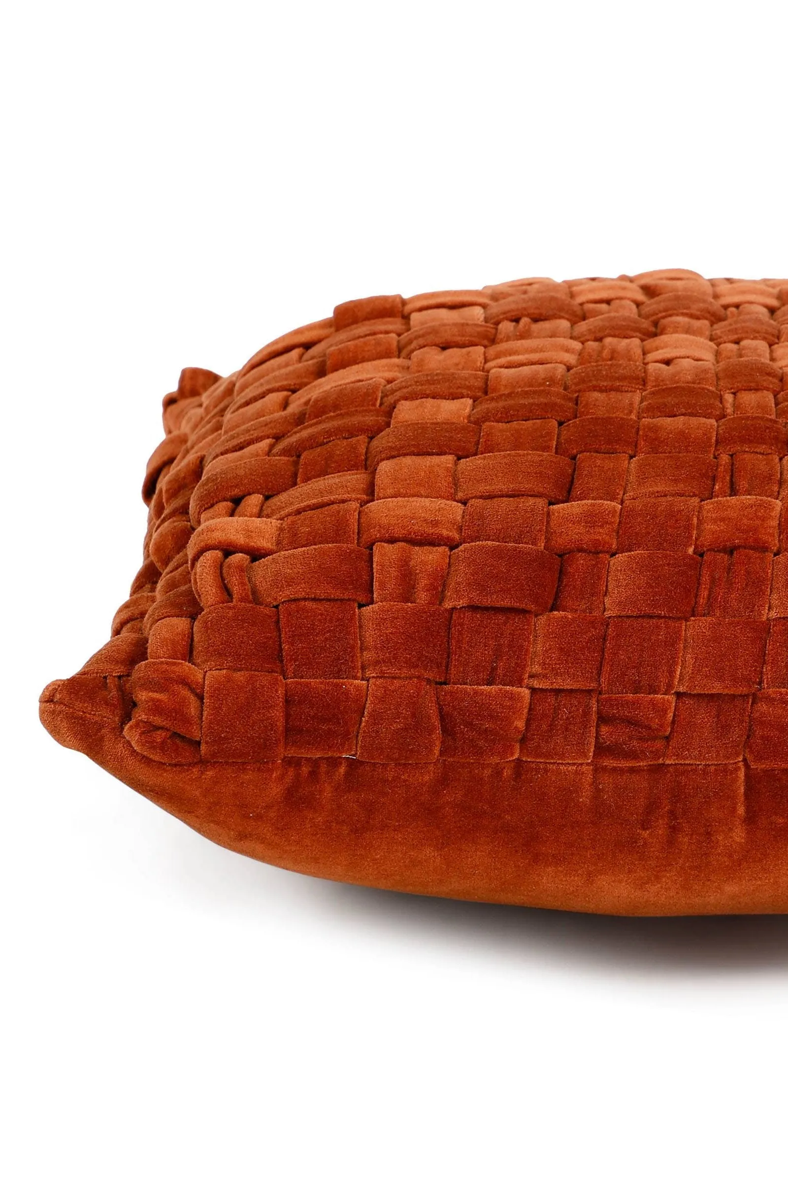 Checked Hand Woven Rust Velvet Square Cushion