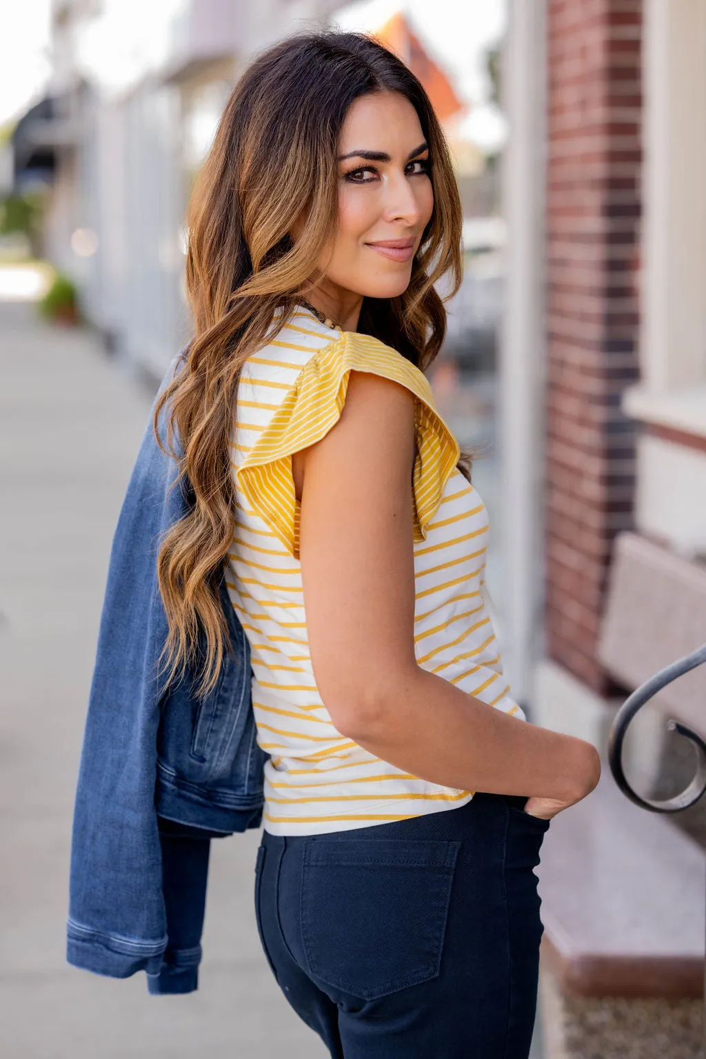 Contrasting Stripes Ruffle Trim Tank