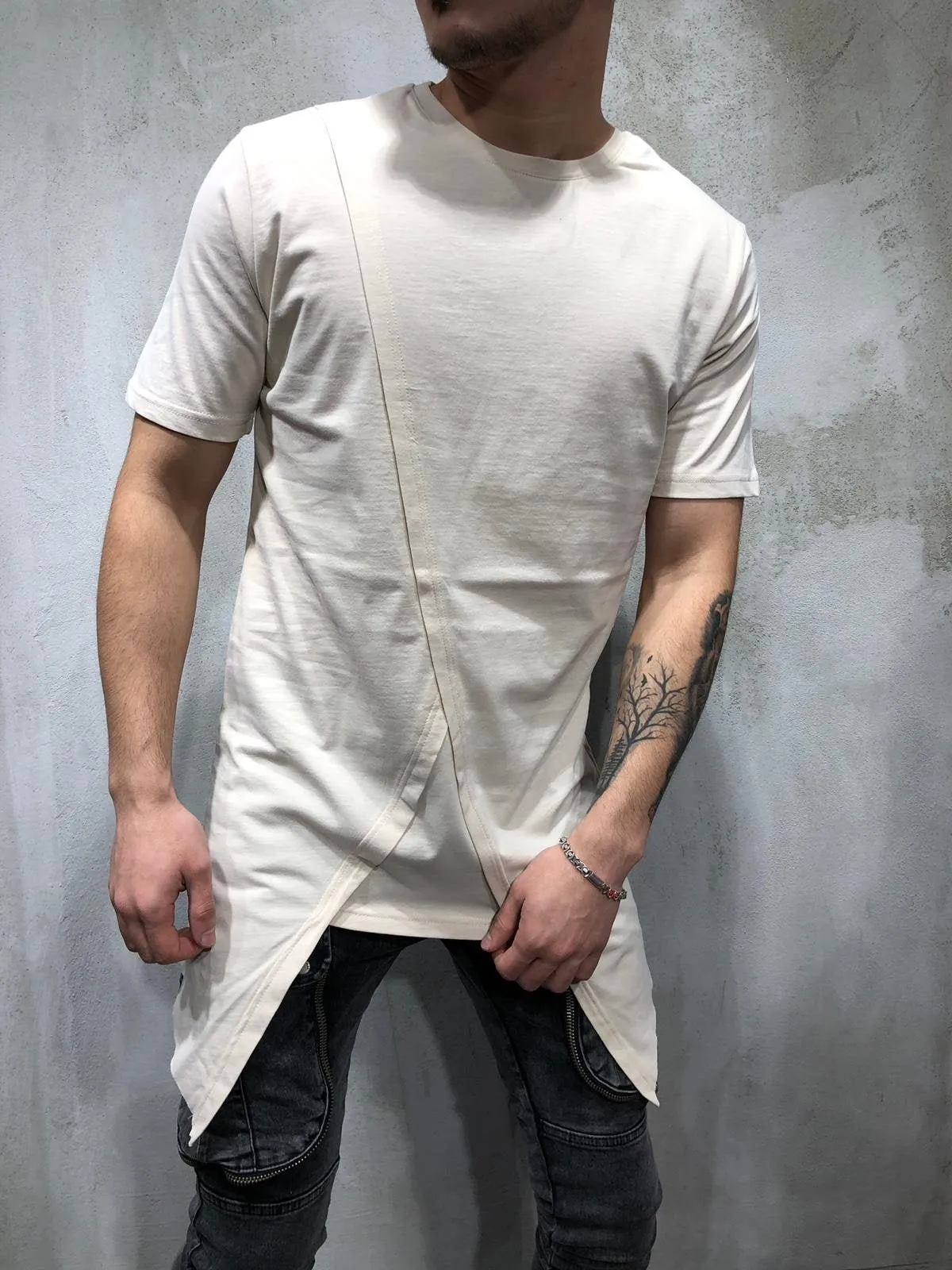 Cream Oversize Asymetric T-Shirt AY328 Streetwear T-Shirts