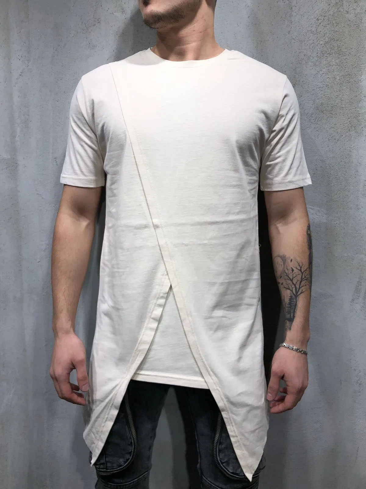 Cream Oversize Asymetric T-Shirt AY328 Streetwear T-Shirts