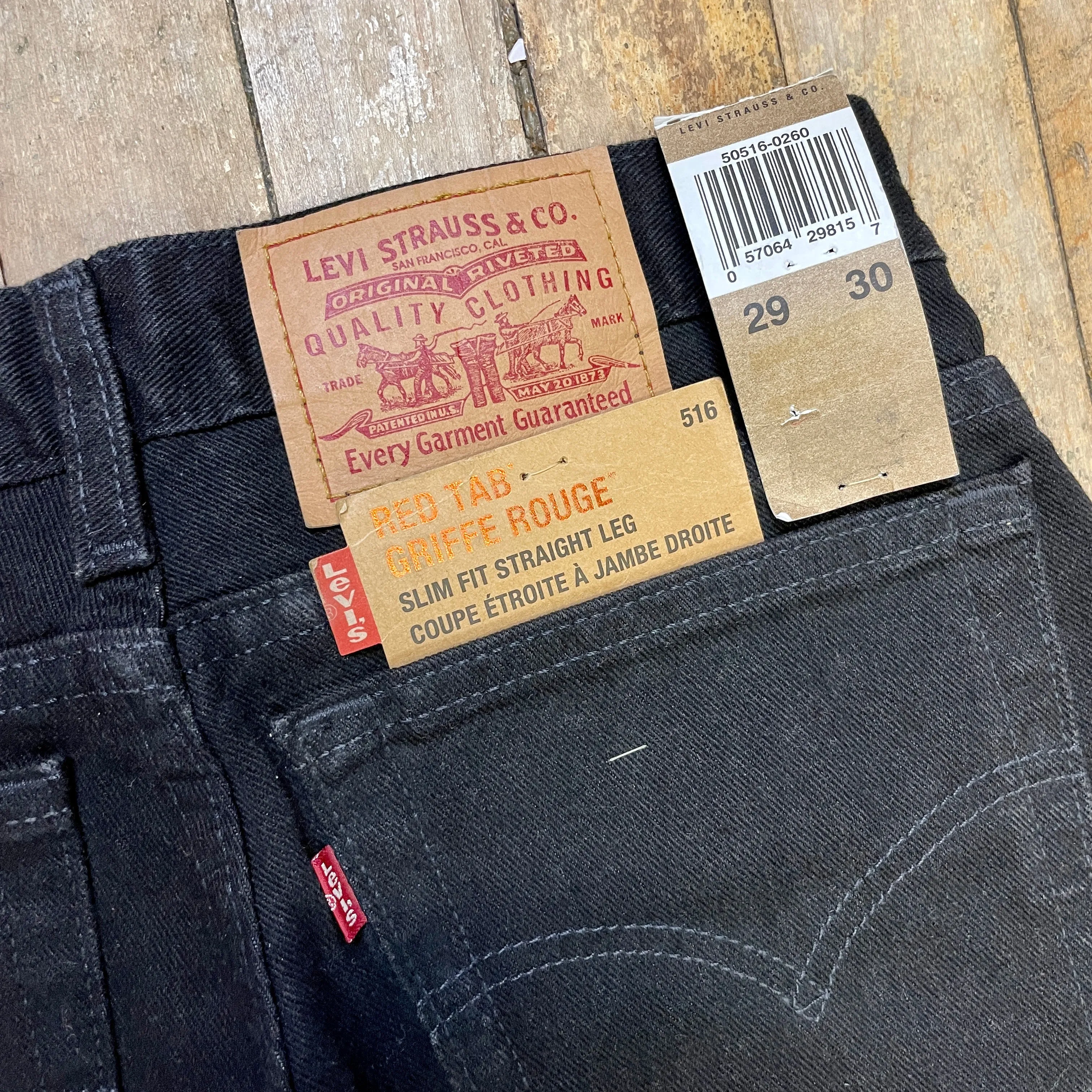 Deadstock Vintage Levi's Black 516 Slim Fit Straight Leg Denim Jeans Made in Canada 29" Waist