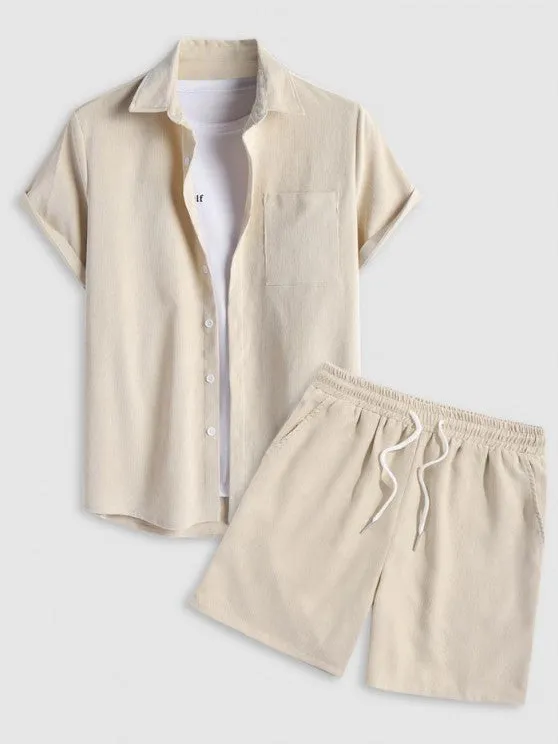 Drawstring Casual Basic Shirt And Shorts Set