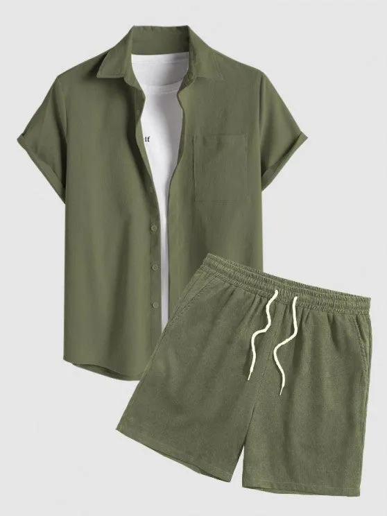 Drawstring Casual Basic Shirt And Shorts Set