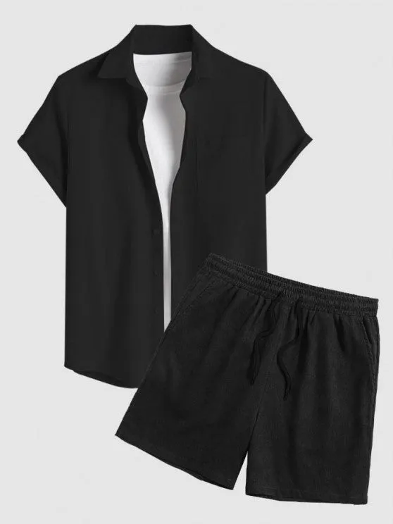 Drawstring Casual Basic Shirt And Shorts Set