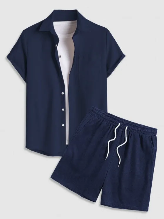 Drawstring Casual Basic Shirt And Shorts Set