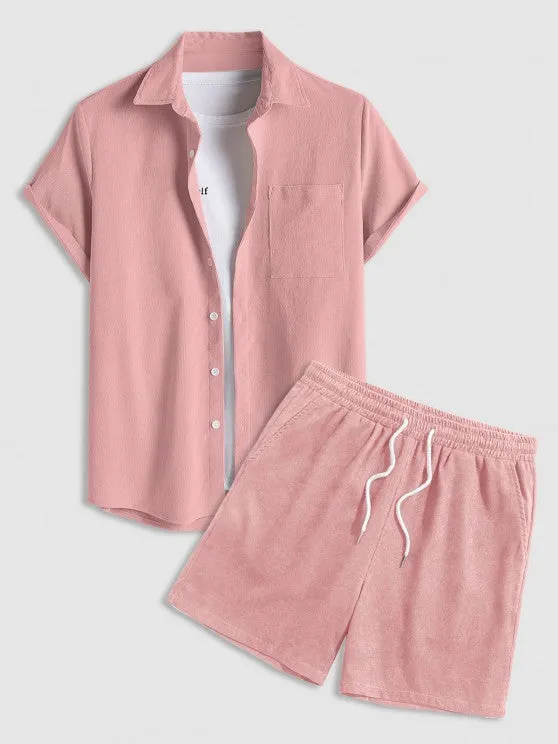 Drawstring Casual Basic Shirt And Shorts Set