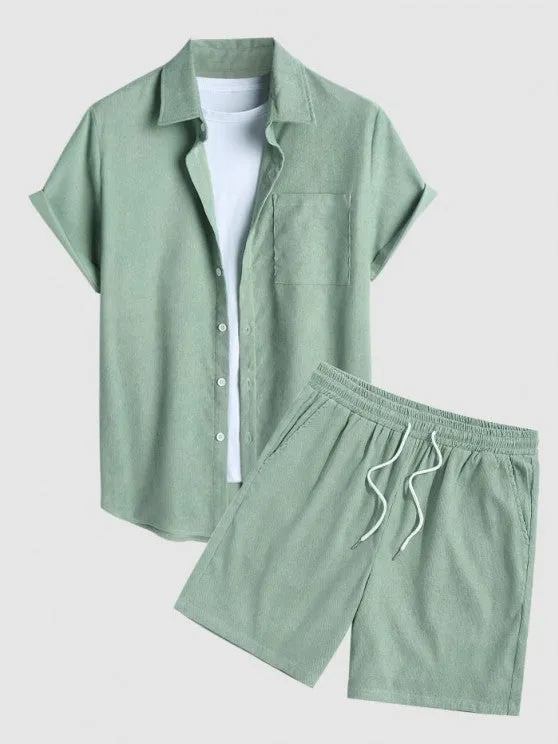 Drawstring Casual Basic Shirt And Shorts Set