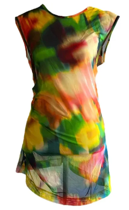 DRIES VAN NOTEN Ruched Mesh Multicolored Mini Dress | Size M