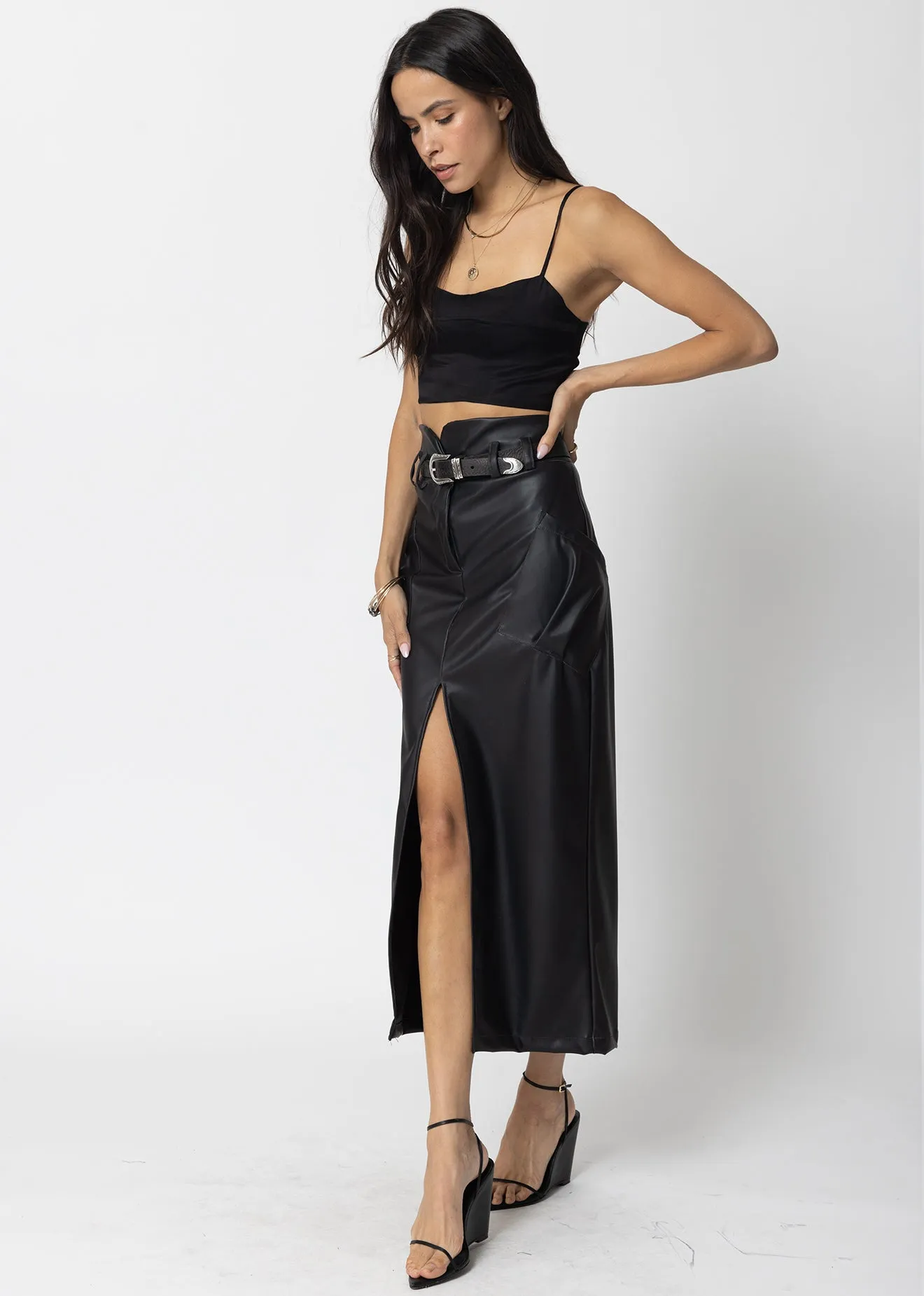 FAUX LEATHER CARGO KNOTCH WAIST MAXI SKIRT