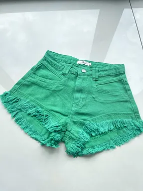 Fringe Hem Denim Shorts - Green