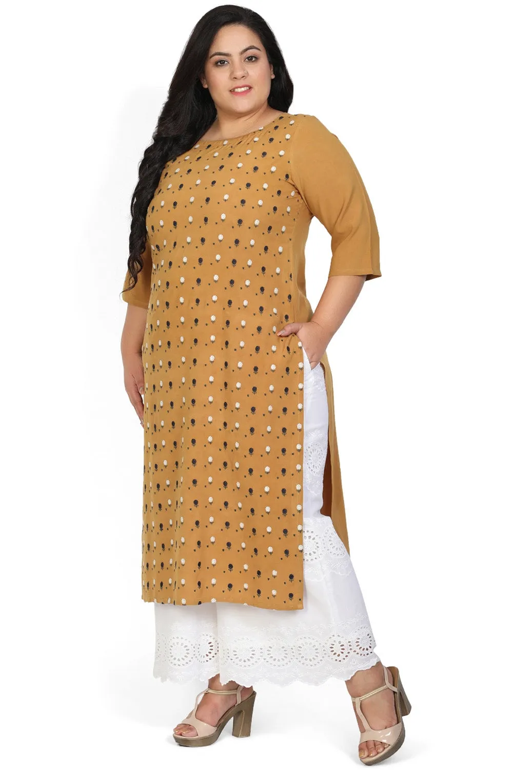 Golden Yellow Floral Embroidery Kurti