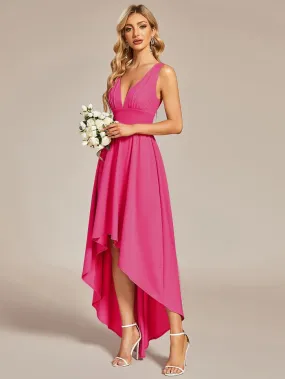 High Low Deep V Neck Sleeveless Bridesmaid Dresses