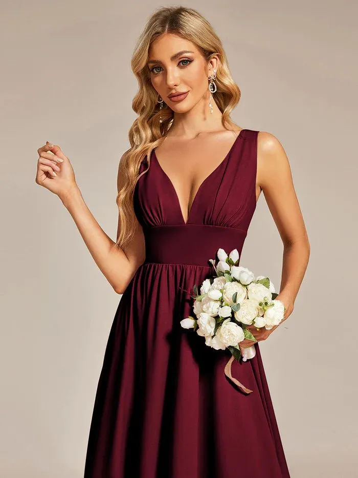 High Low Deep V Neck Sleeveless Bridesmaid Dresses