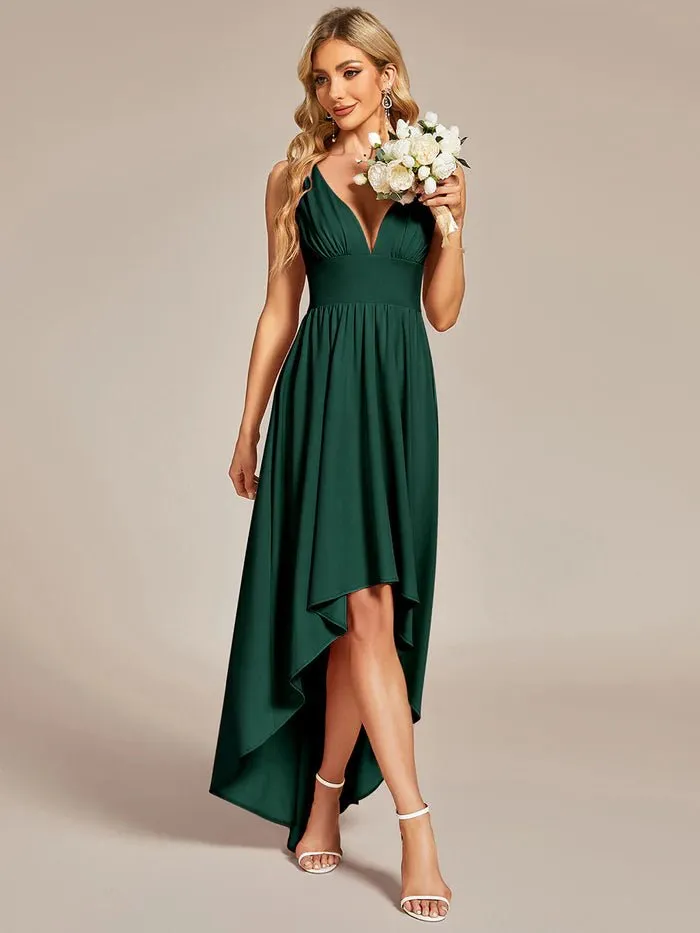 High Low Deep V Neck Sleeveless Bridesmaid Dresses