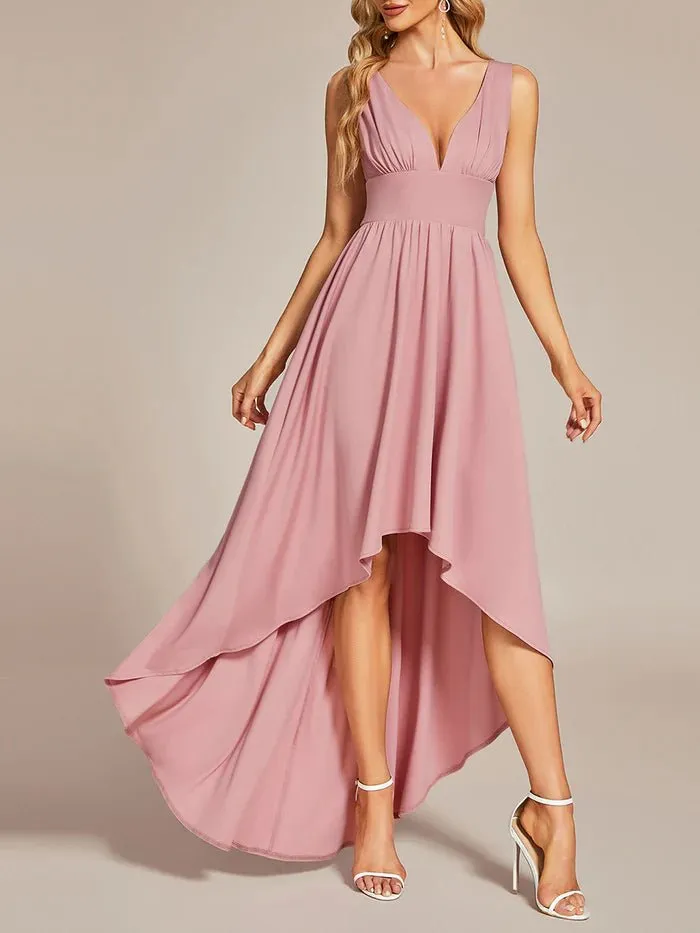 High Low Deep V Neck Sleeveless Bridesmaid Dresses