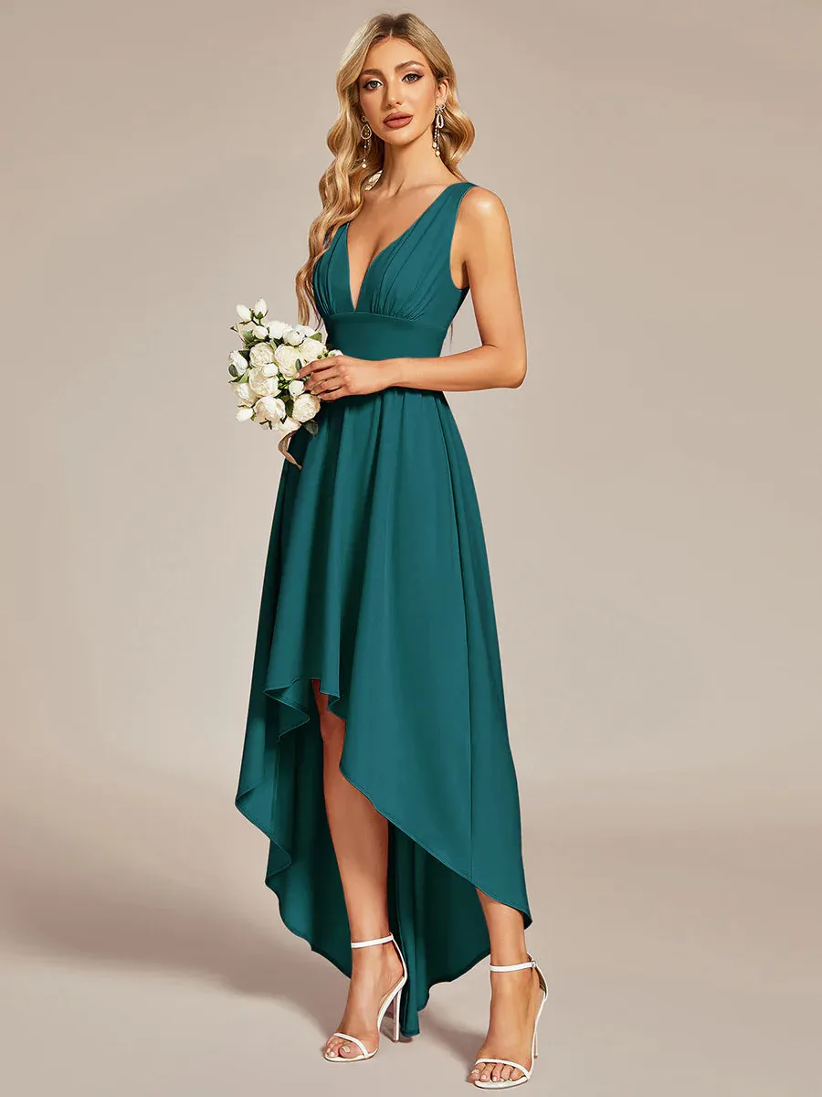 High Low Deep V Neck Sleeveless Bridesmaid Dresses