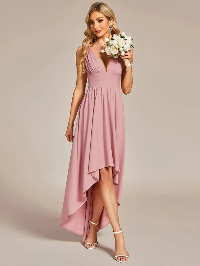 High Low Deep V Neck Sleeveless Bridesmaid Dresses