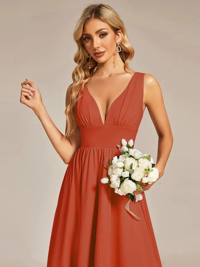 High Low Deep V Neck Sleeveless Bridesmaid Dresses