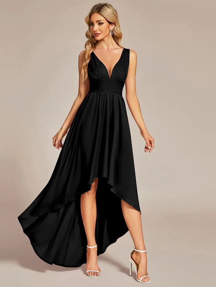 High Low Deep V Neck Sleeveless Bridesmaid Dresses