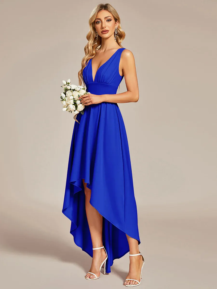 High Low Deep V Neck Sleeveless Bridesmaid Dresses