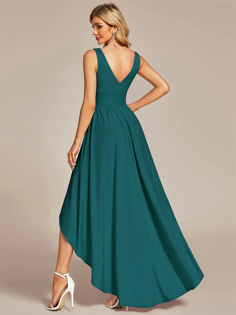 High Low Deep V Neck Sleeveless Bridesmaid Dresses