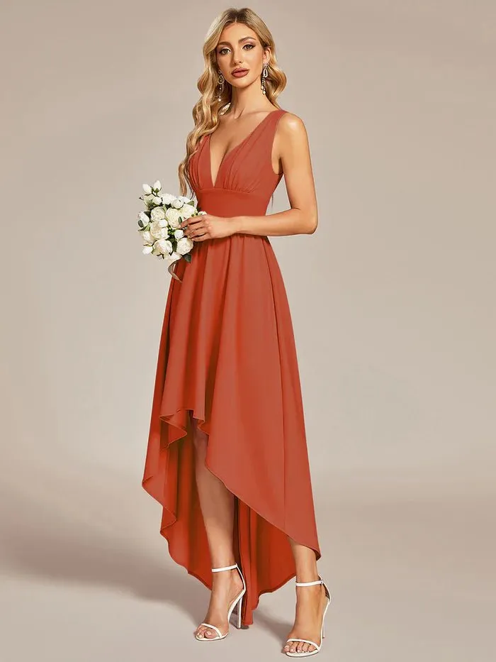 High Low Deep V Neck Sleeveless Bridesmaid Dresses