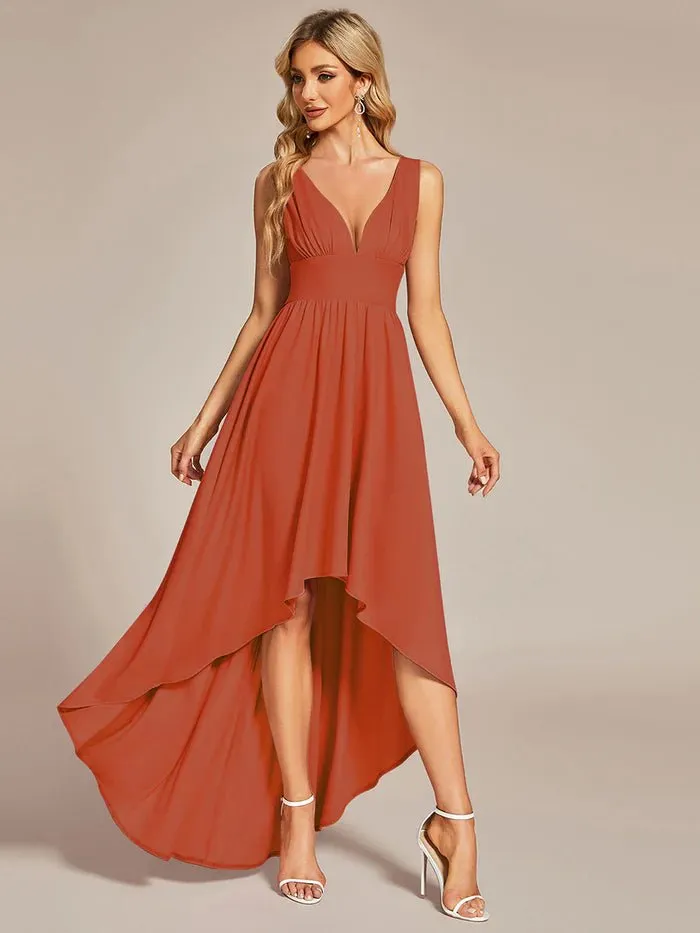 High Low Deep V Neck Sleeveless Bridesmaid Dresses