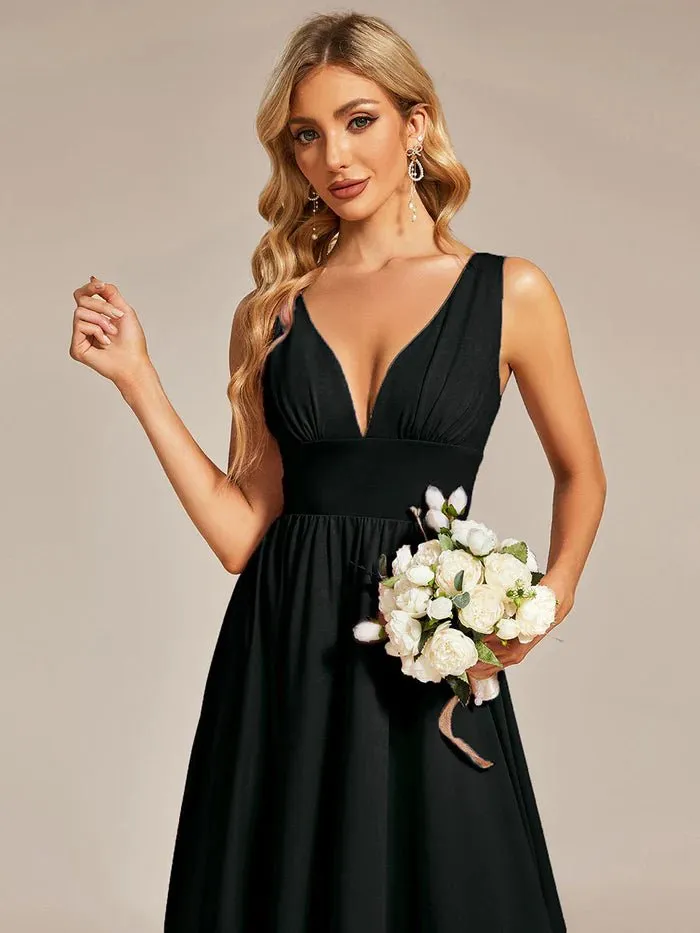 High Low Deep V Neck Sleeveless Bridesmaid Dresses