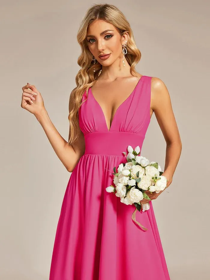 High Low Deep V Neck Sleeveless Bridesmaid Dresses