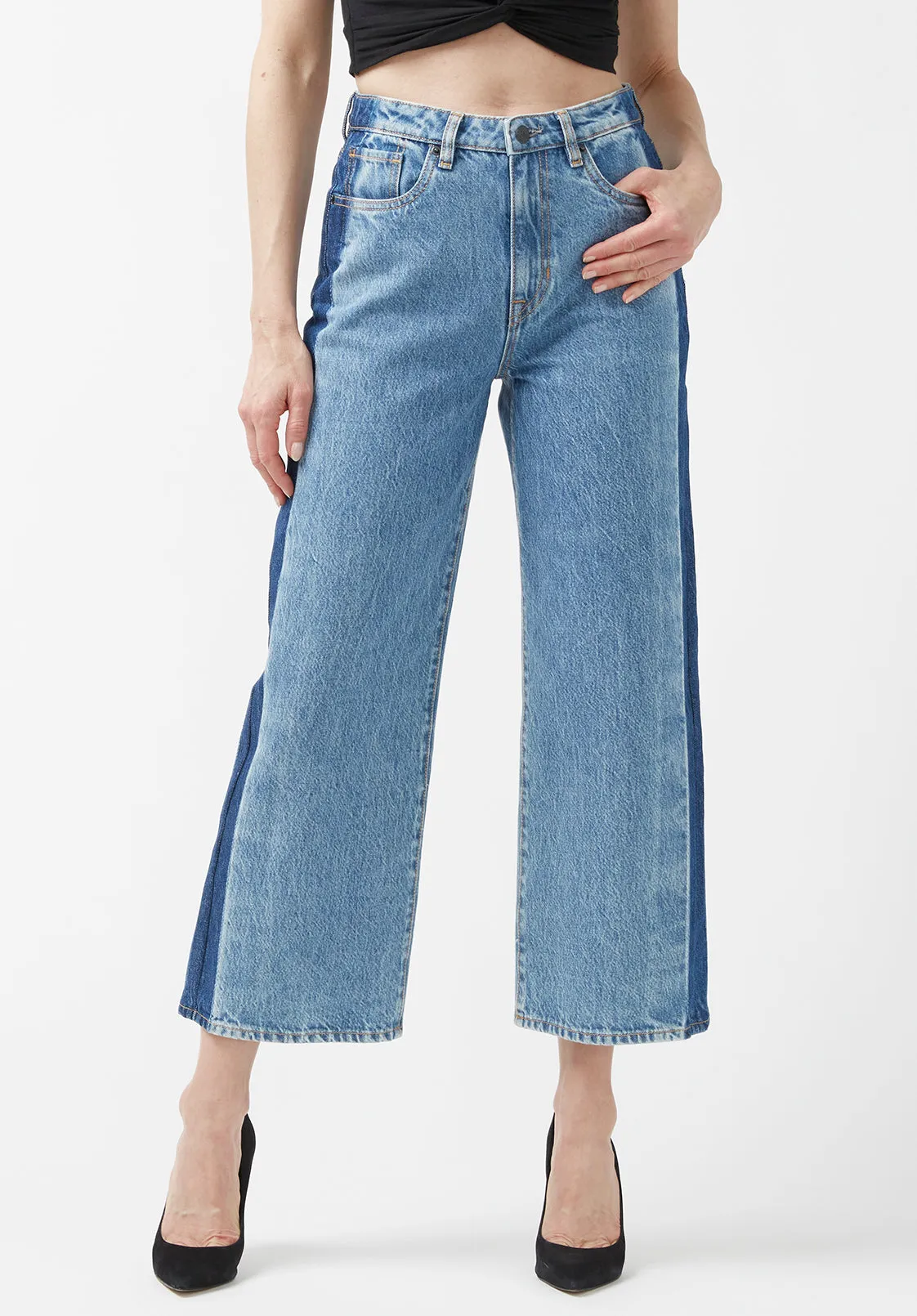 High Rise Wide Leg Addisson Women’s Cropped Jeans in Shadow Wash Blue - BL15896