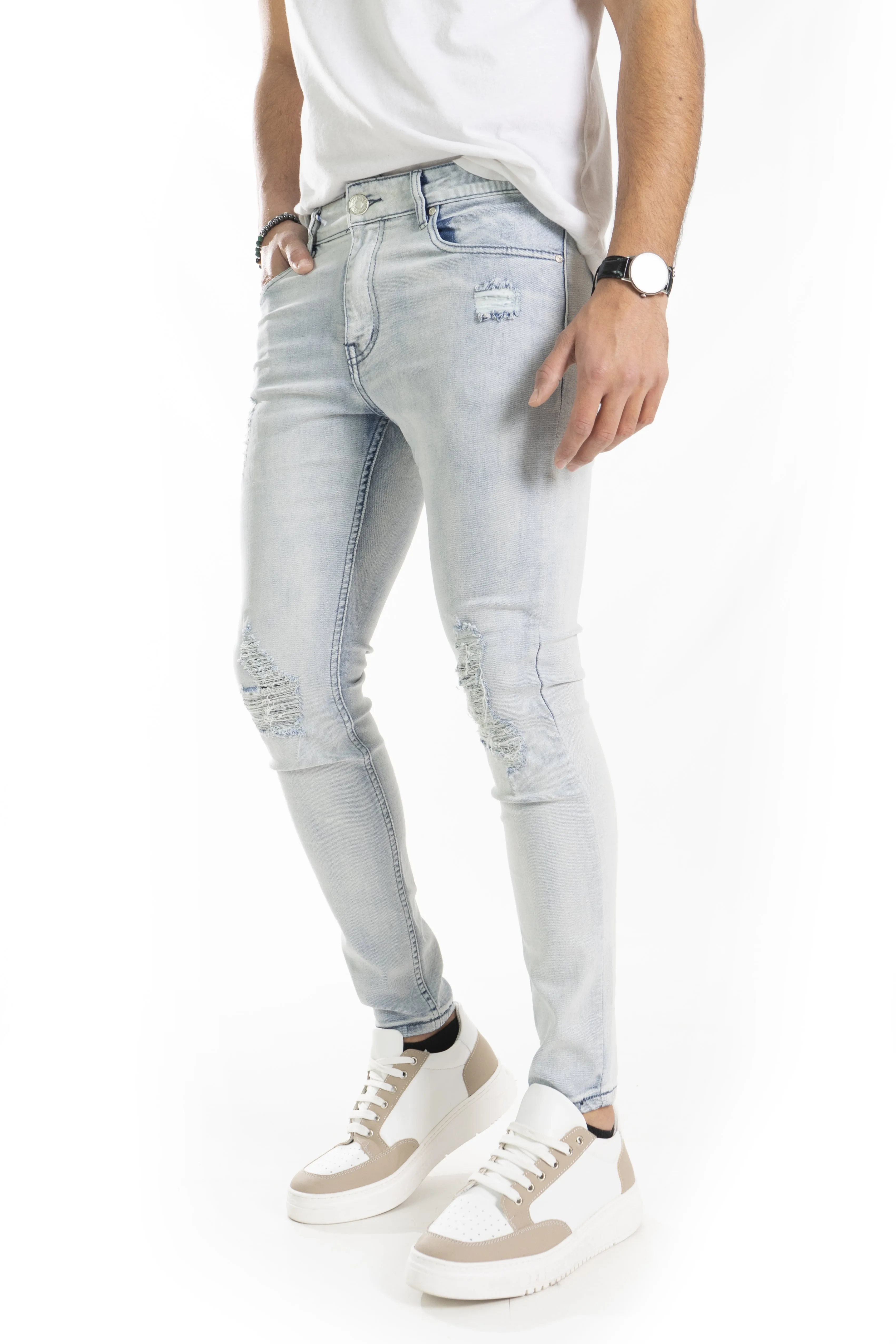 Jeans Uomo Skinny Fit Chiaro Con Abrasioni Elastico Art. JS435