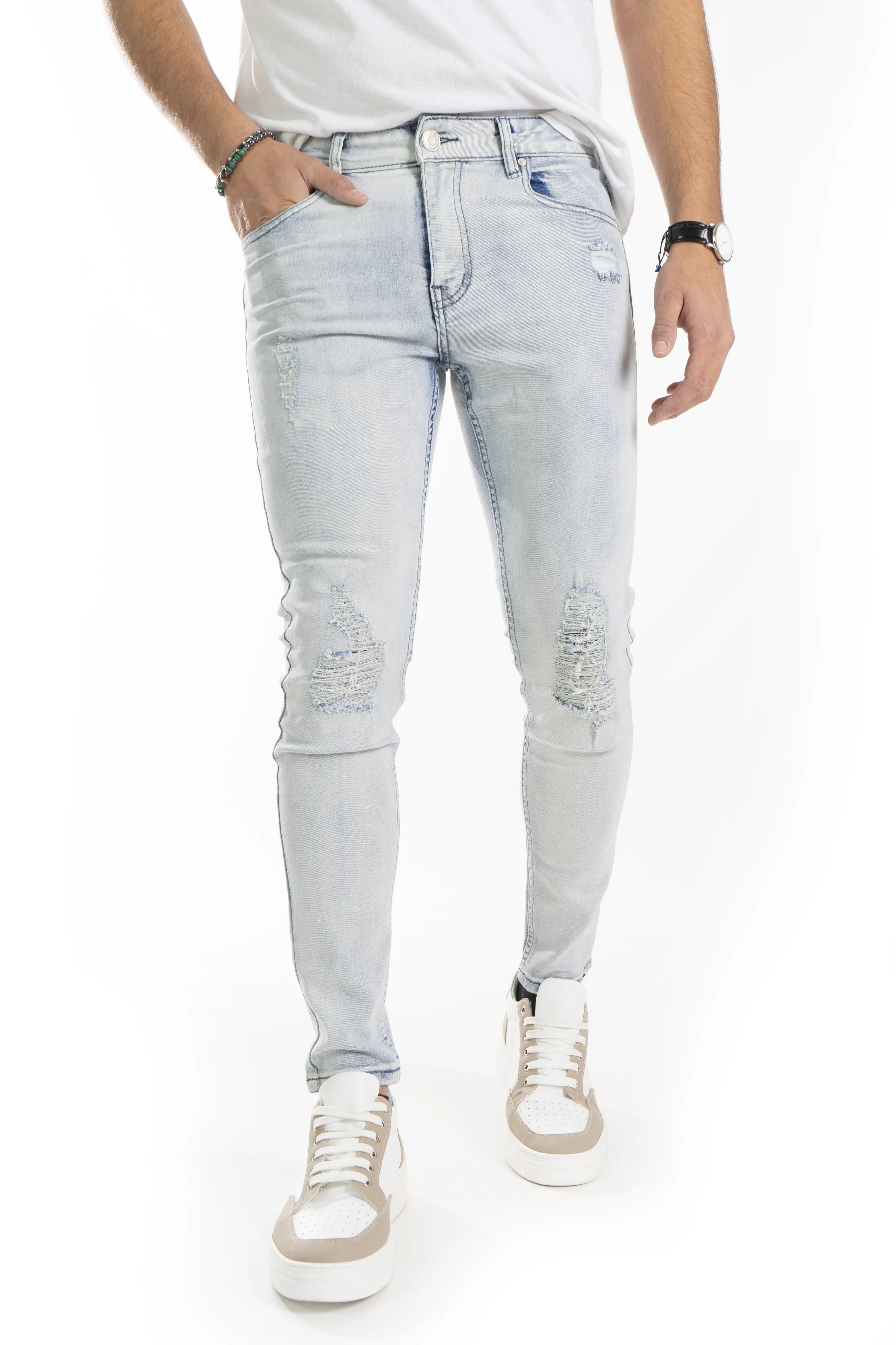 Jeans Uomo Skinny Fit Chiaro Con Abrasioni Elastico Art. JS435