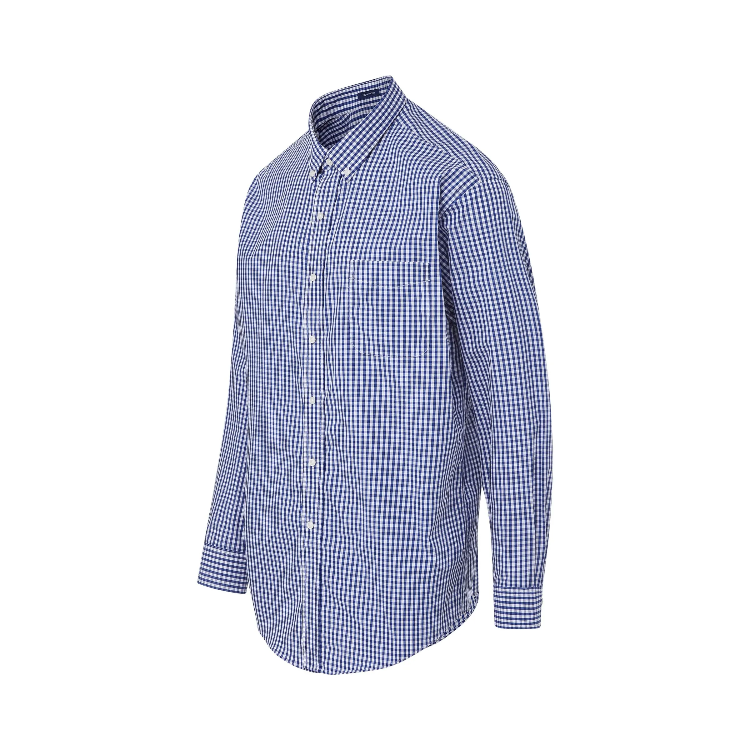 Long Sleeve Navy and White Classic Button Down Collar Plaid Shirt with Magnetic Closures