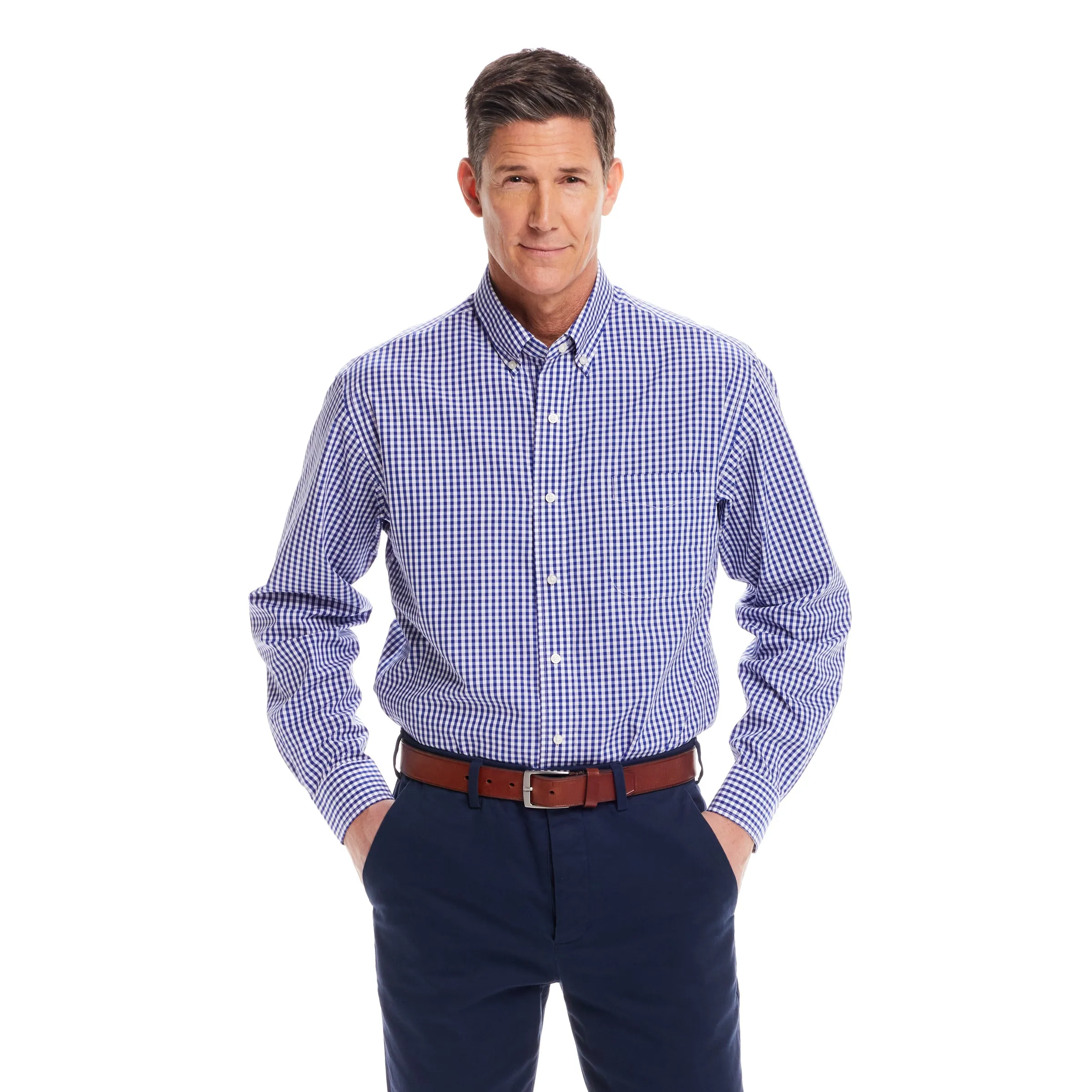 Long Sleeve Navy and White Classic Button Down Collar Plaid Shirt with Magnetic Closures