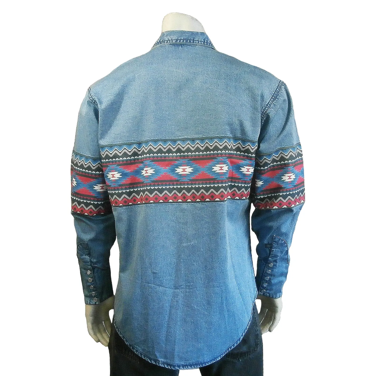 Men's 2-Tone Denim & Red Native Pattern Chest Band Western Shirt