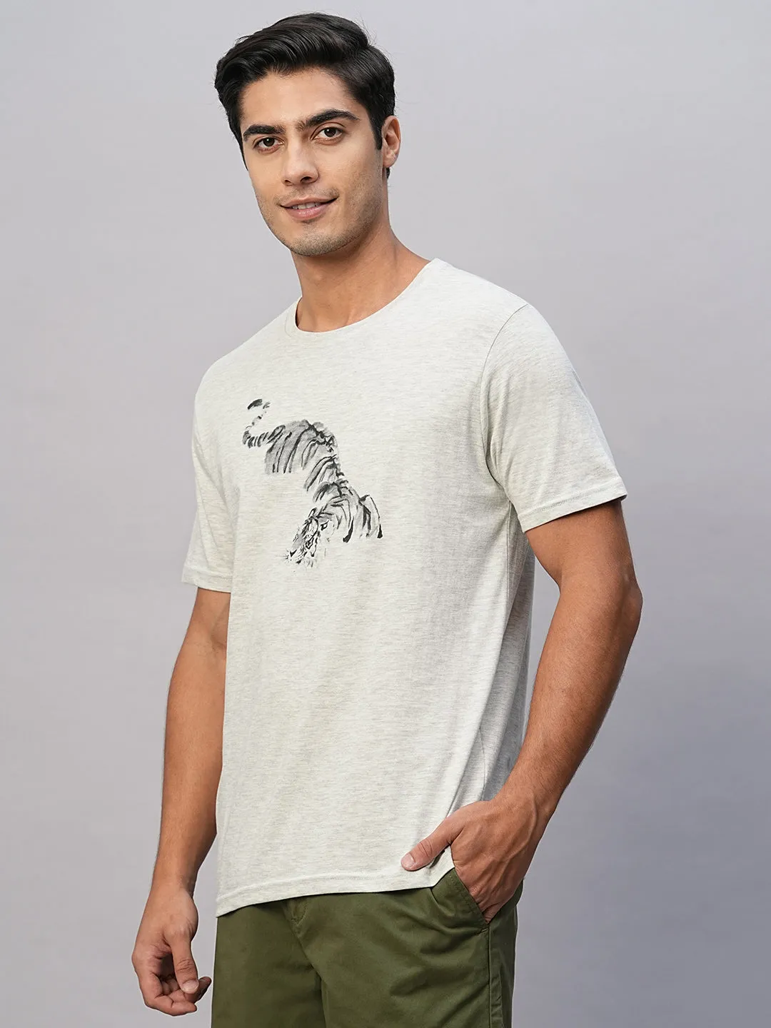 Men's Ecru Cotton Regular Fit Tshirt