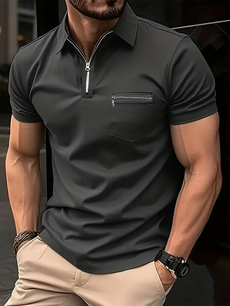 Men's Short-sleeved Lapel Collar T-Shirt Solid Color Quarter Zipped Casual T-Shirt | FLS-4