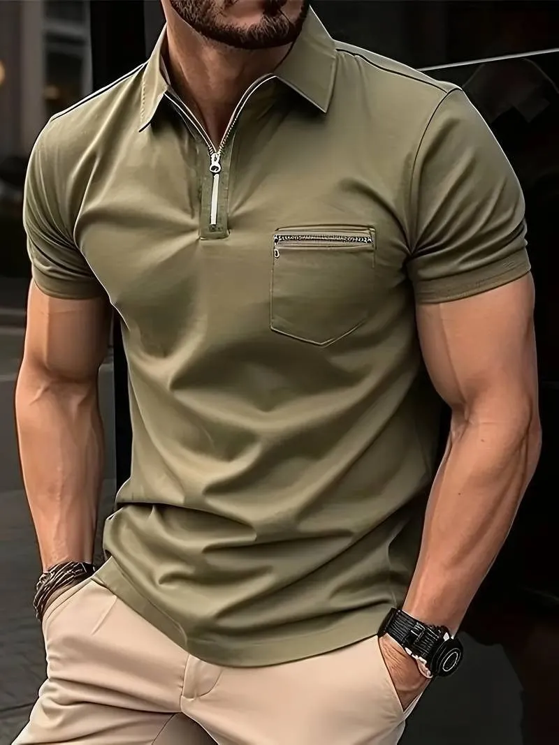 Men's Short-sleeved Lapel Collar T-Shirt Solid Color Quarter Zipped Casual T-Shirt | FLS-4